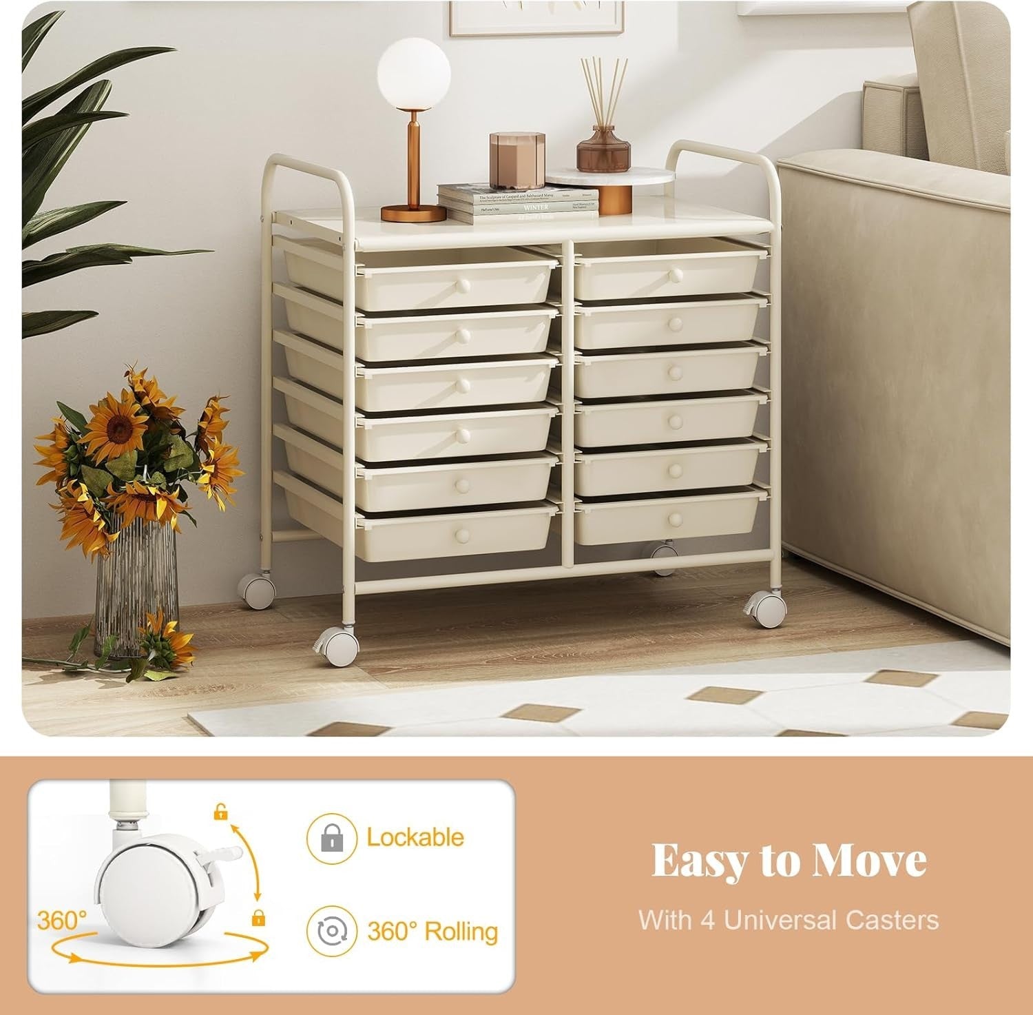 12 Drawer Rolling Storage Cart White Utility Trolley Organizer Wheels