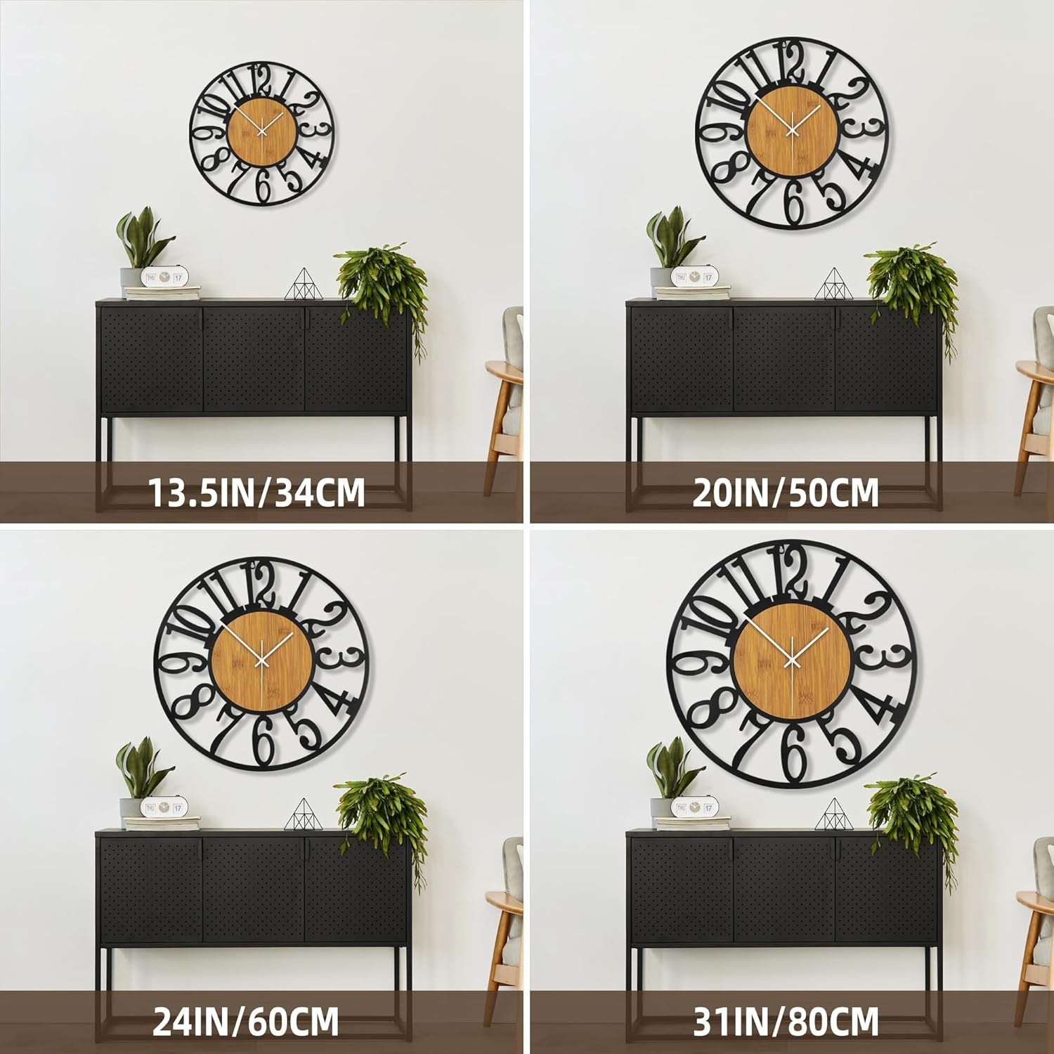 Large 40cm Silent Wall Clock Modern Rustic Metal Wood Arabic  Decor