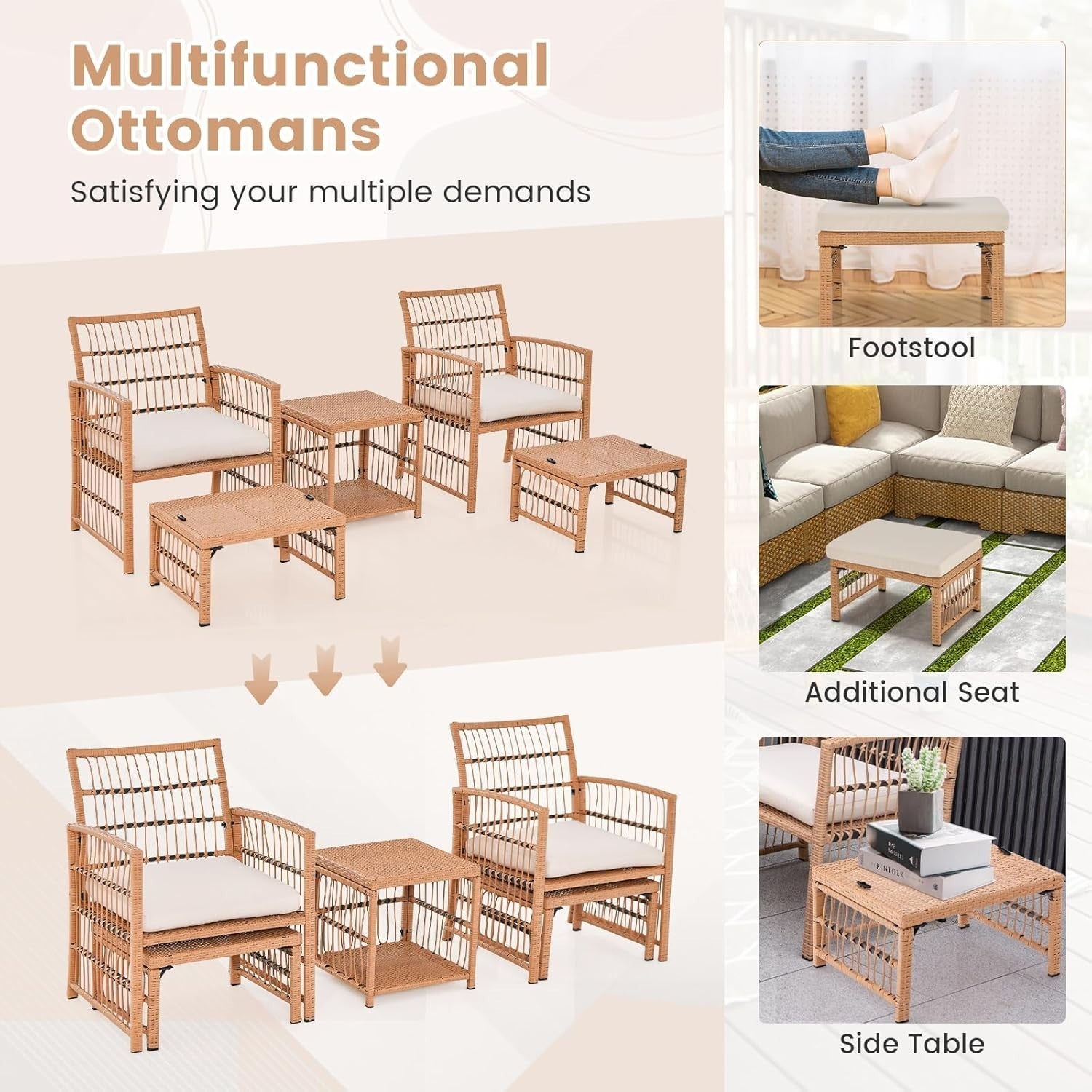 5pc Rattan Garden Furniture Set with Cushions, Table & Ottomans Patio