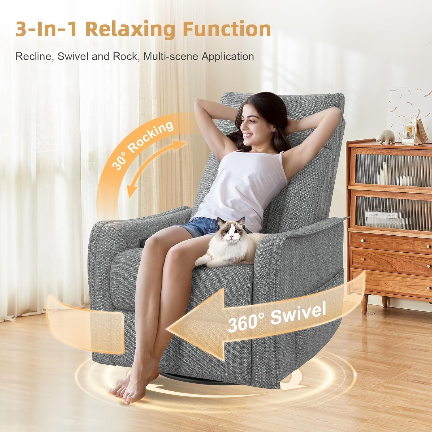 Swivel Rocking Recliner Chair Massage Heat 135° Recline Footrest Pockets