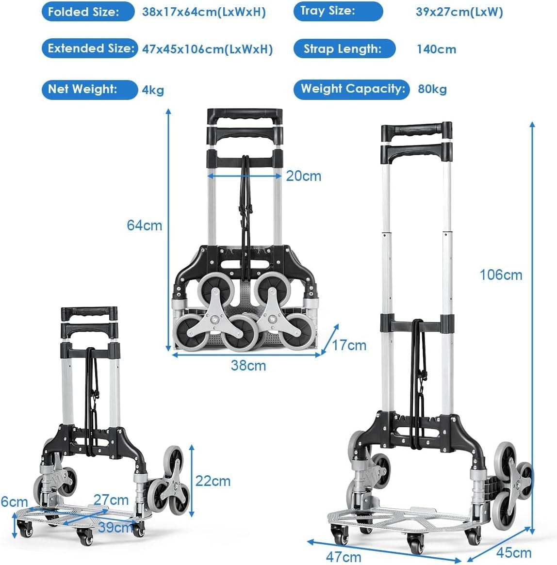 Aluminium Stair Climbing Hand Truck 10 Wheels Folding Sack Trolley 80KG