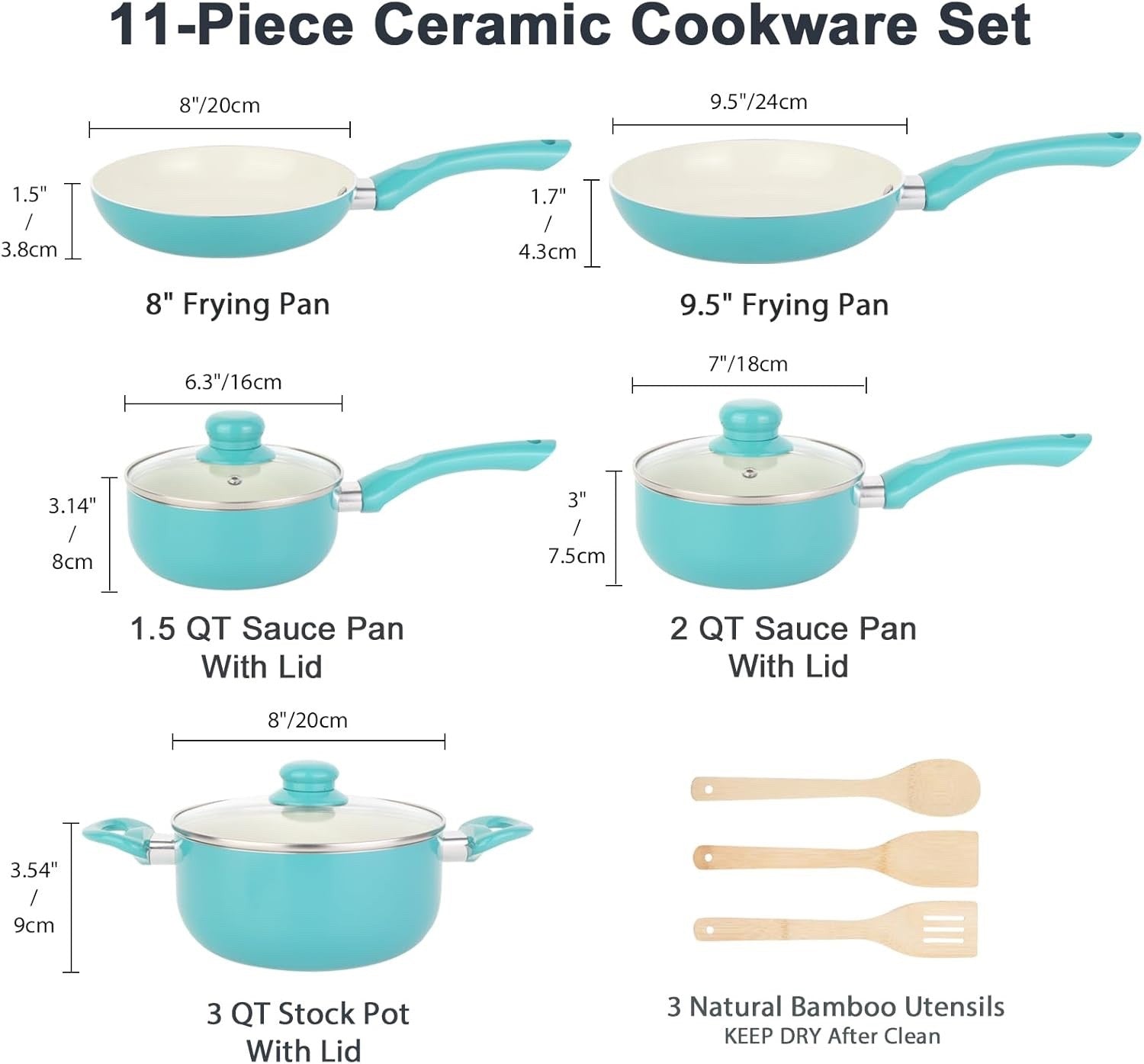 11Pcs Turquoise Ceramic Cookware Set Non Stick Pots & Pans PFOA Free with Lids
