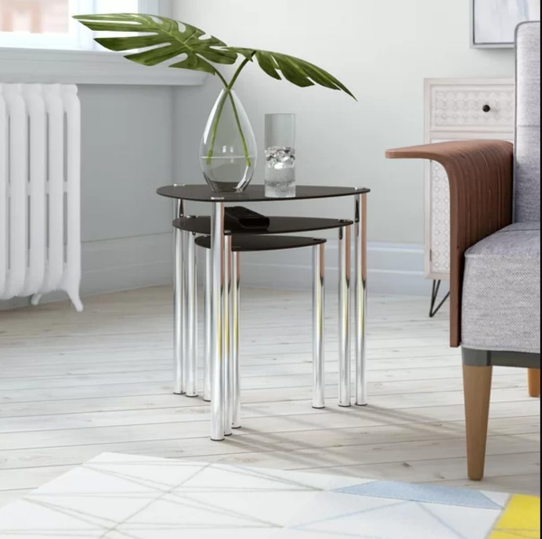 Set of 3 Black Glass Triangle Nesting Tables Chrome Steel Frame Home Decor