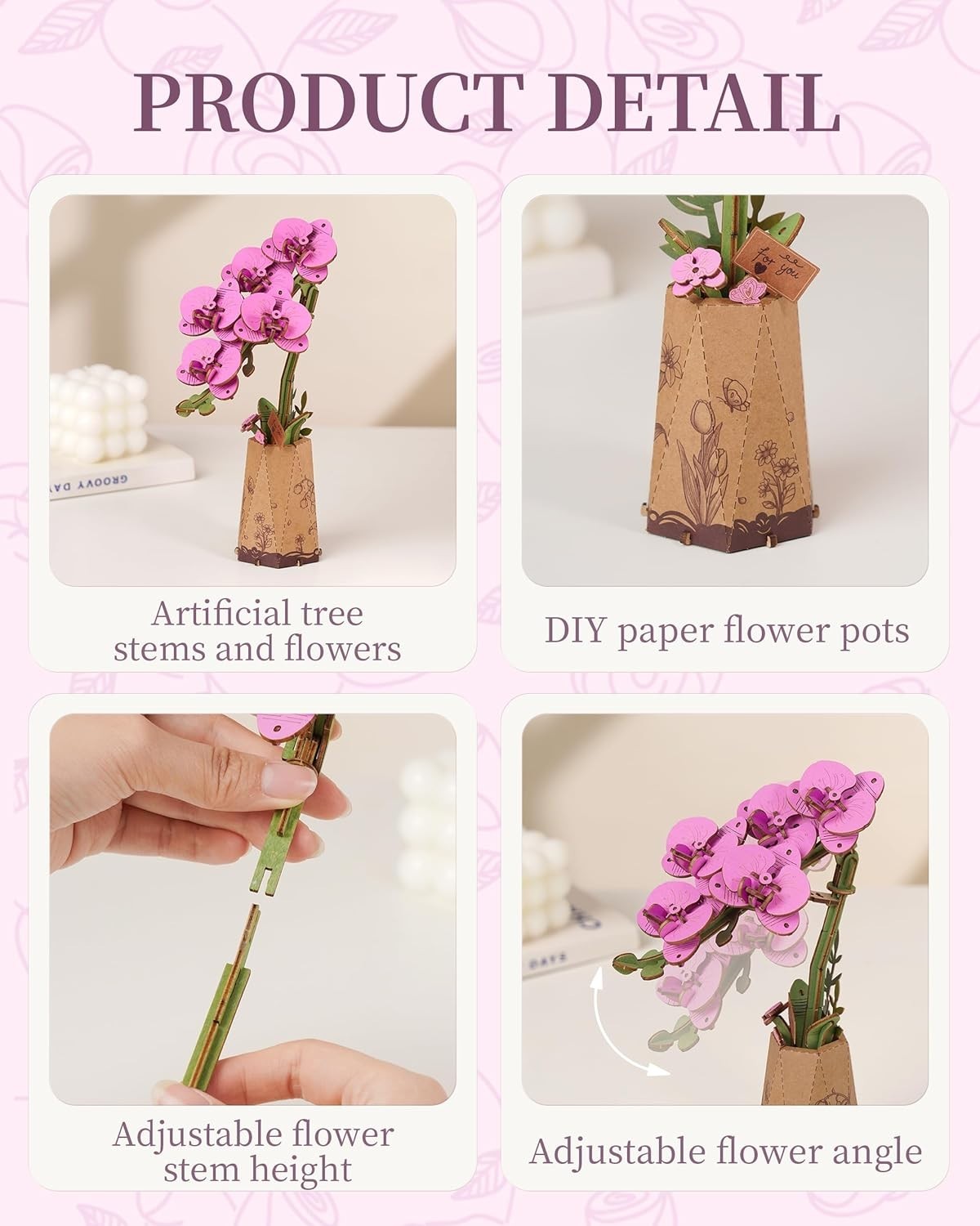 3D Wooden Orchid Flower Puzzle – Adjustable DIY Home Decor Gift