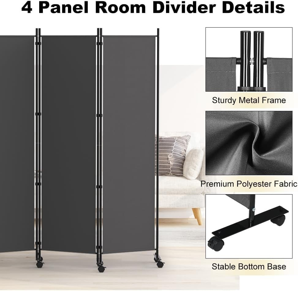 4 Panel Room Divider Folding Privacy Screen with Lockable Wheels – Portable Wall