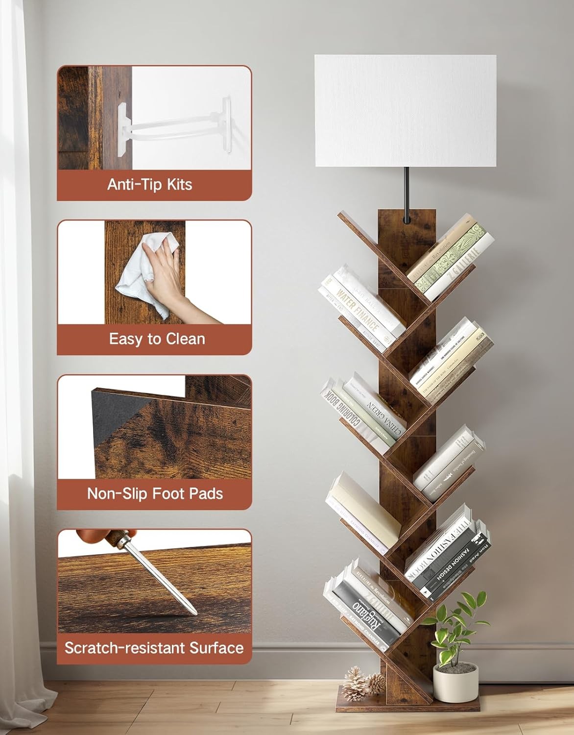 9 Tier Tree Bookshelf Floor Lamp with Remote Light Narrow Wooden Bookcase