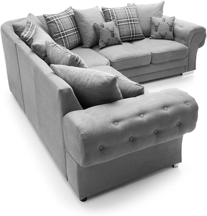 Grey L Shape Corner Sofa 5 Seater with Luxury Foam Cushions & Chrome Legs
