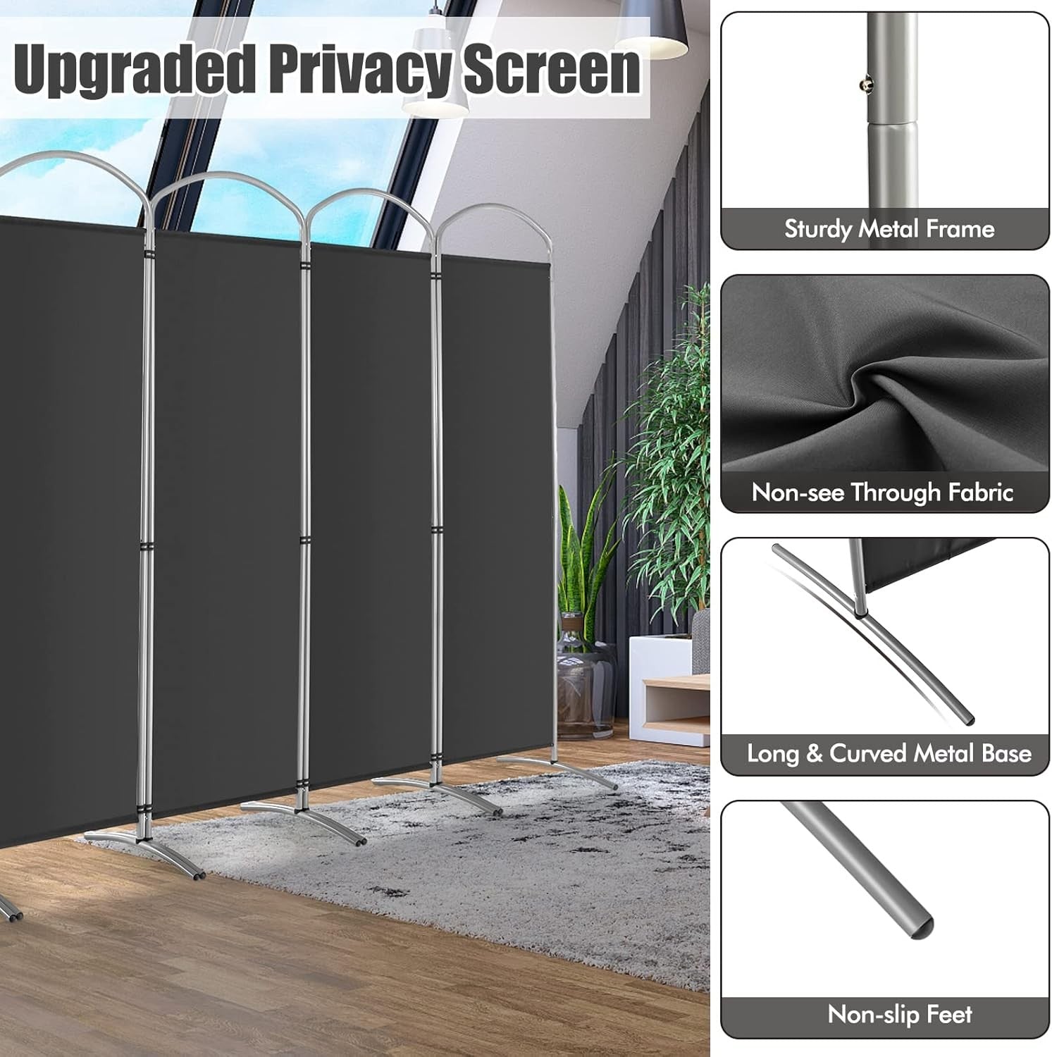 6 Panel Grey Folding Room Divider Privacy Screen for Bedroom Office 188cm High