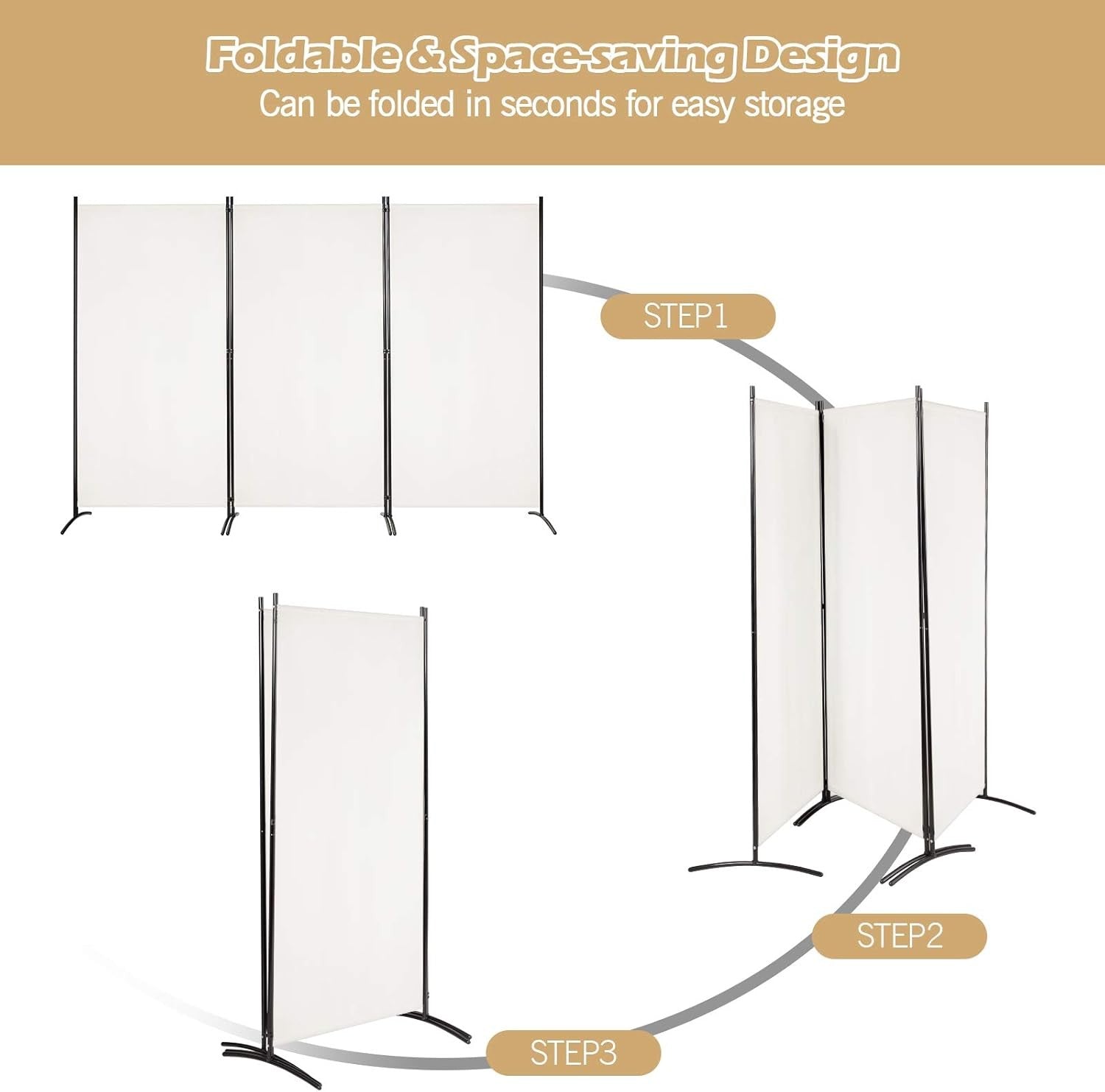 3 Panel Beige Folding Room Divider Privacy Screen Partition for Home Office Bedr