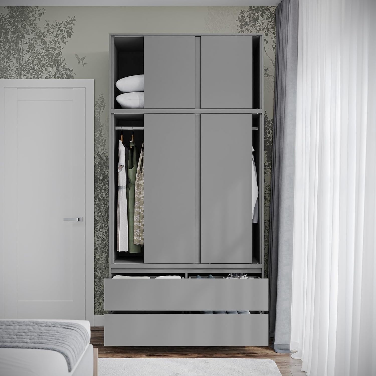 Grey Sliding Wardrobe 240cm 6 Doors 4 Drawers Bedroom Closet Storage Unit