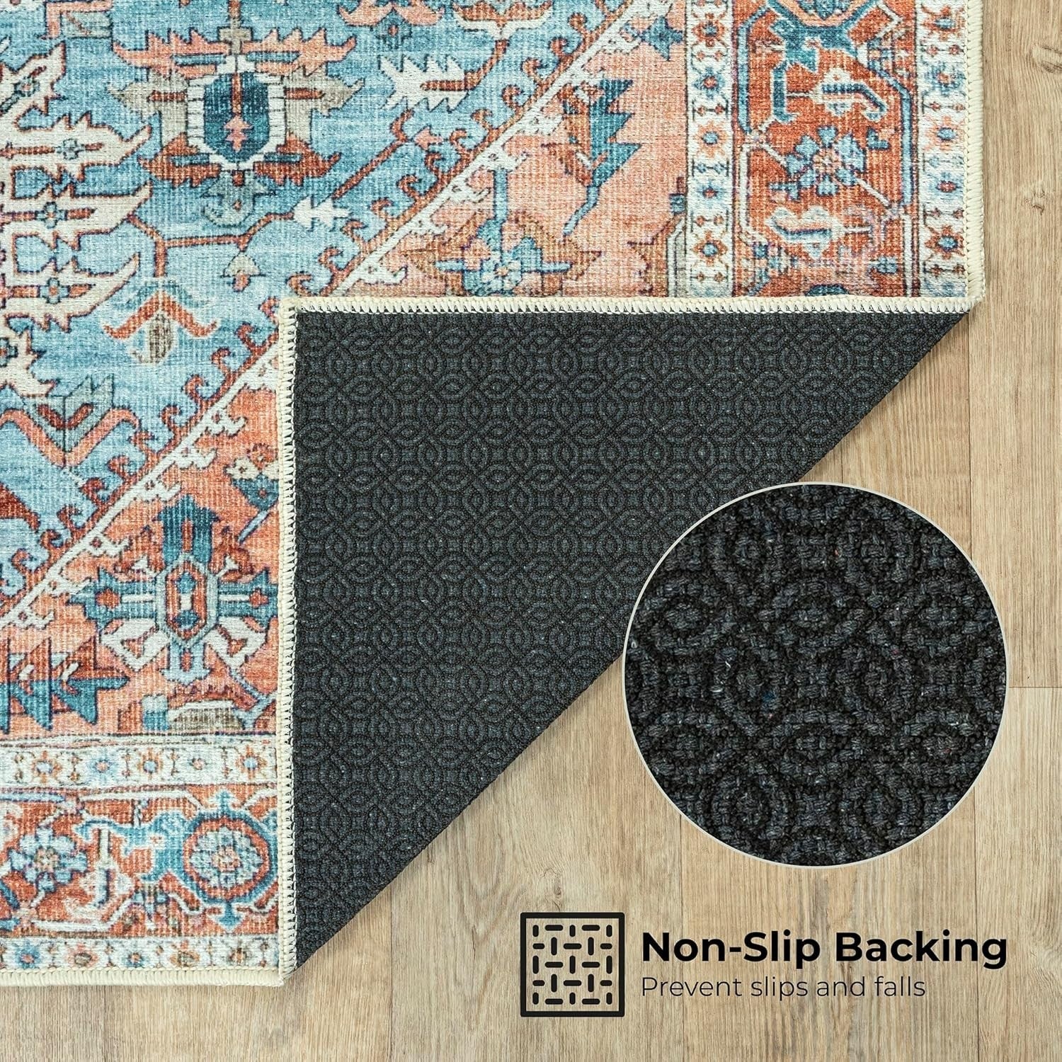 Washable Runner Rug 80x150cm Vintage Cyan Blue Salmon Non-Slip Soft Hallway Mat