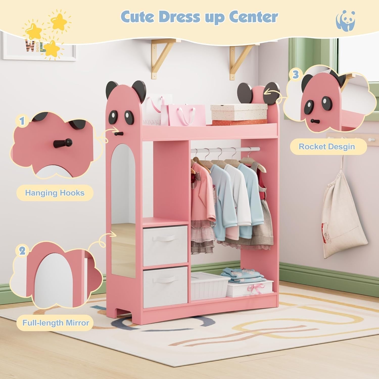Kids Dress Up Wardrobe with Mirror, Hanging Rail & 2 Drawers Pink Storage
