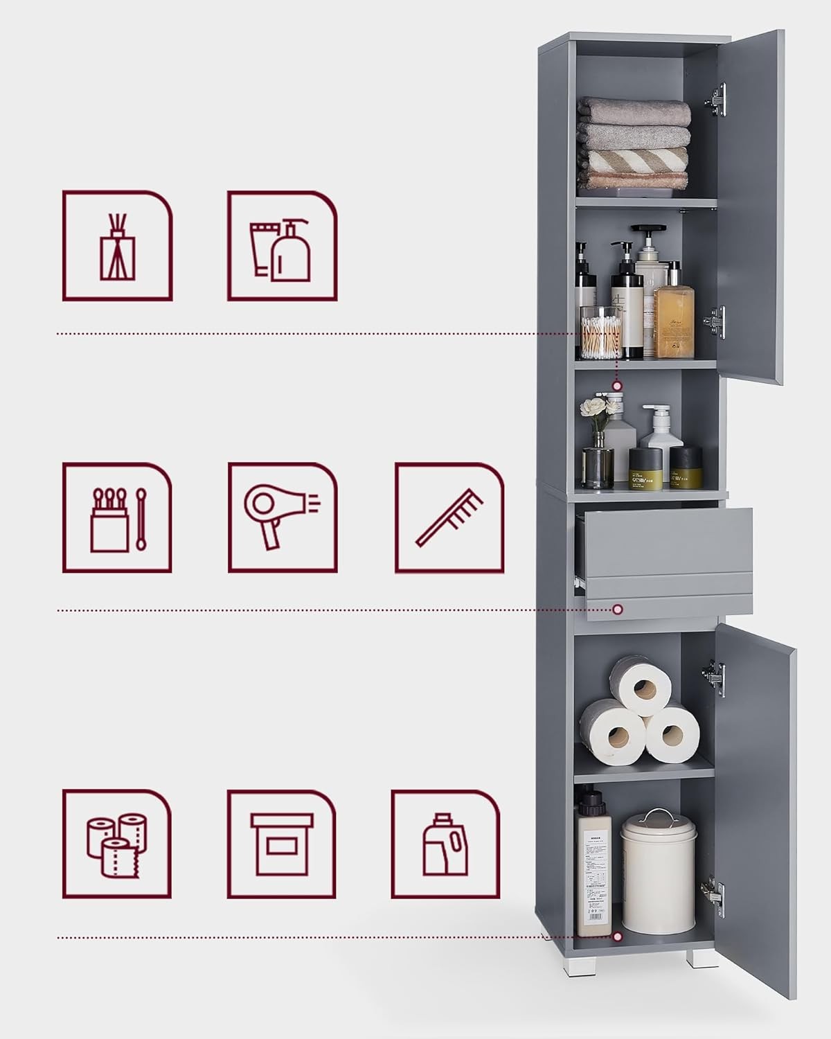Tall Slim Bathroom Storage Cabinet Grey Cupboard with Drawer & Shelves
