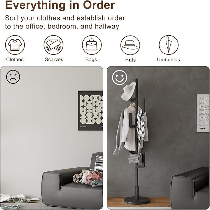 Black Wooden Coat Rack Stand | Modern Cactus Design Hall Tree with 6 Hooks