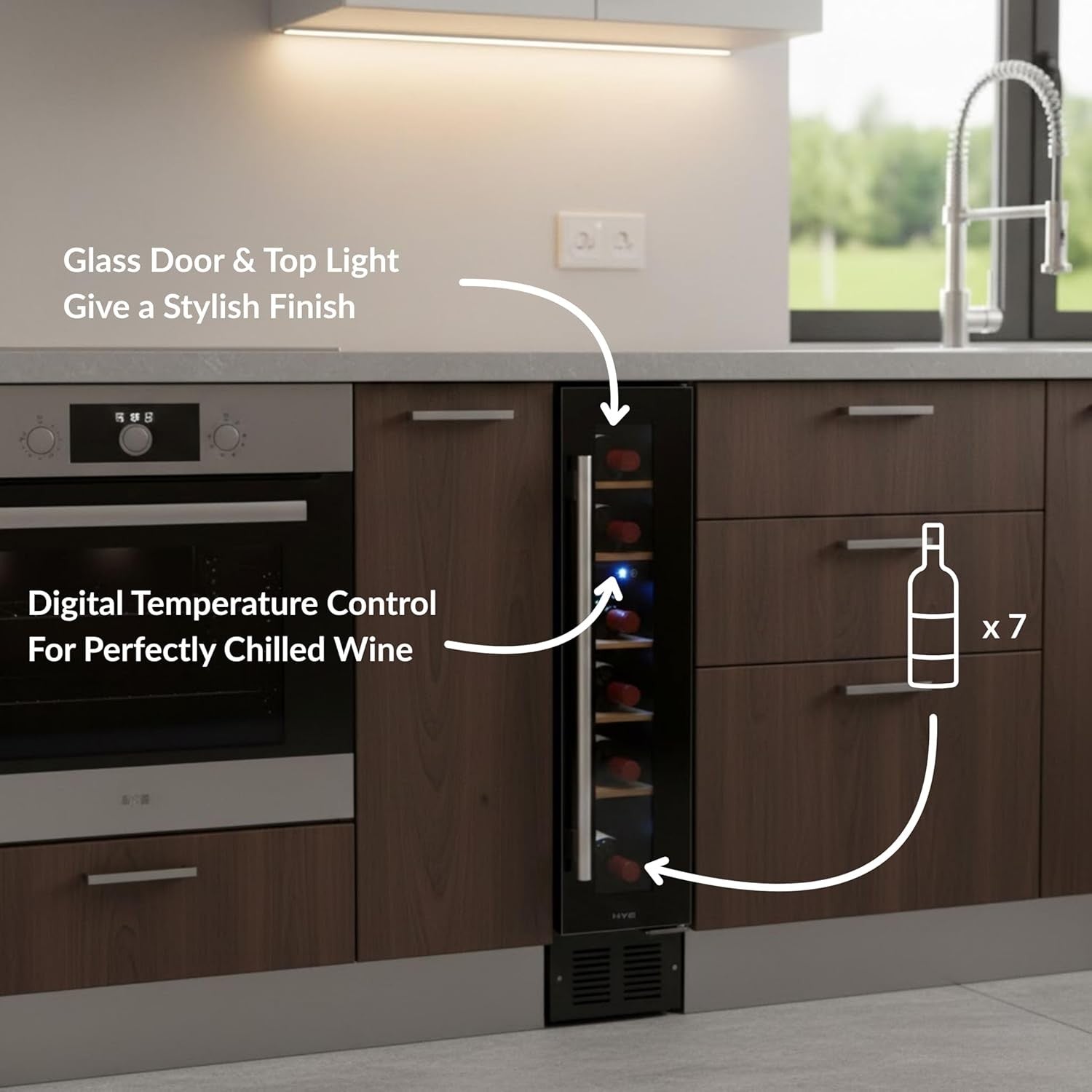 Slim Wine Cooler Fridge 7 Bottle Glass Door Quiet LED Home Bar Storage