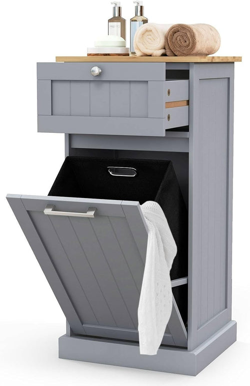 Grey Tilt-Out Laundry Hamper Cabinet with Drawer 30L Basket Bathroom Unit