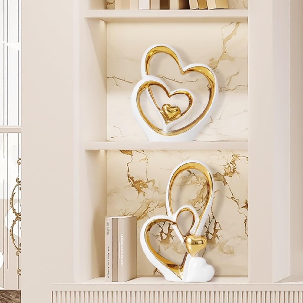 Tall White Gold Heart Sculpture Modern Ceramic Ornament Luxury Home Decor Gift