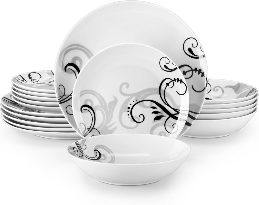 18 Piece Porcelain Dinner Set Plates Bowls Modern Swirl Dishwasher Safe
