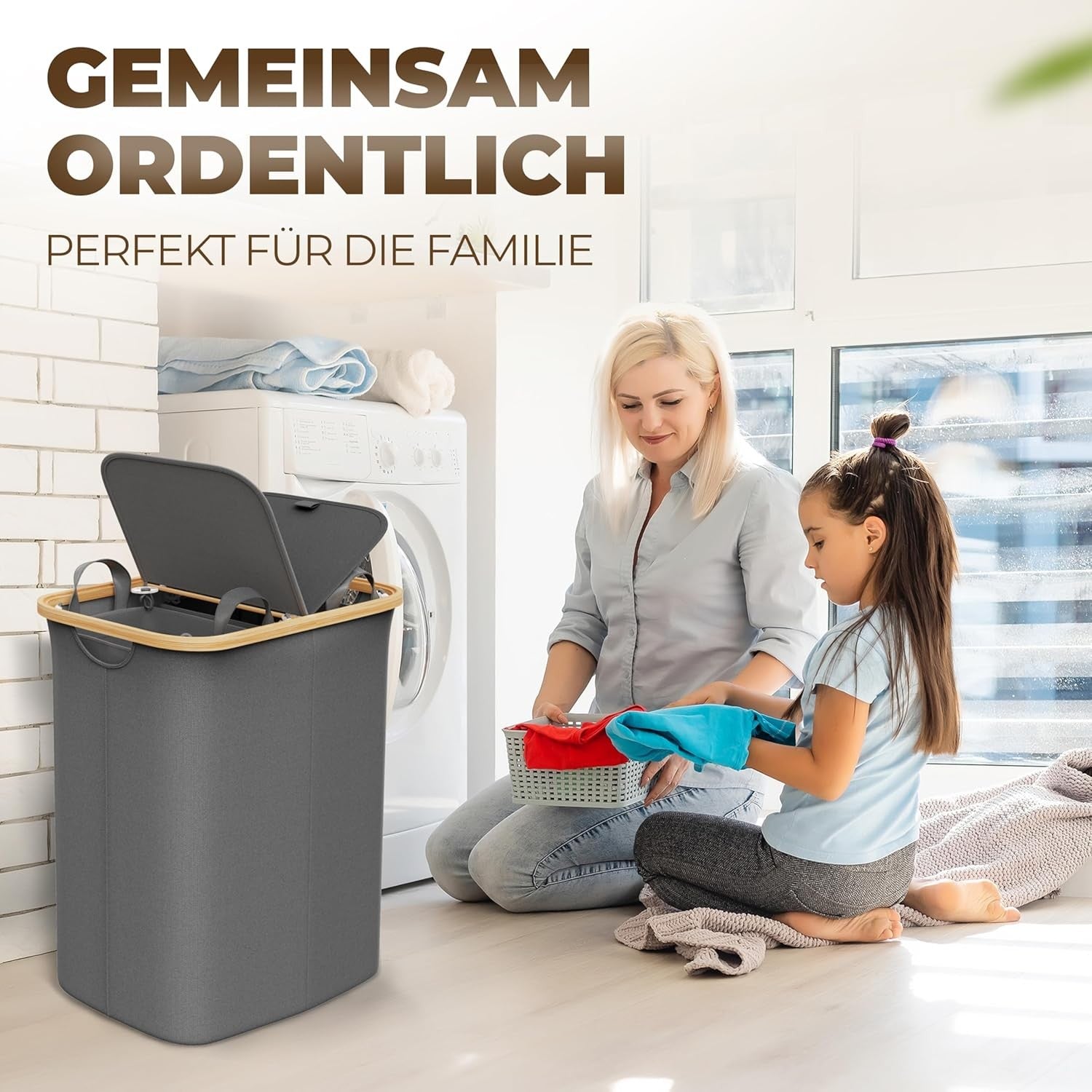 150L Foldable Laundry Hamper With Lid Large Bamboo Dark Grey Basket 2 Sections