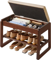 Walnut 2-Tier Wooden Shoe Storage Bench with Flip-Top & Cushion Seat – 60cm