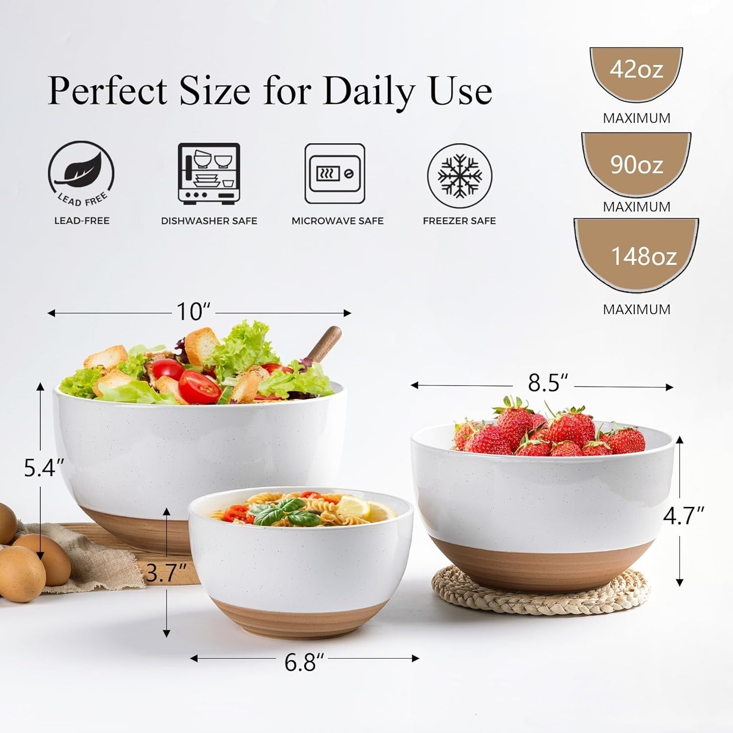 3-Piece White Ceramic Mixing Bowls Set Nesting Microwave & Dishwasher Safe