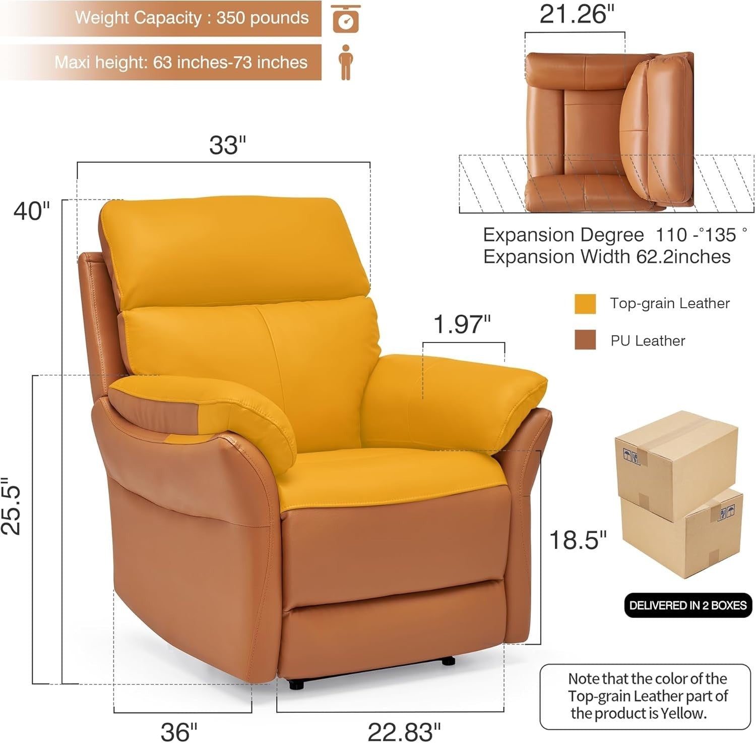 Genuine Leather Recliner Chair Orange Yellow, Ergonomic Living Room Sofa