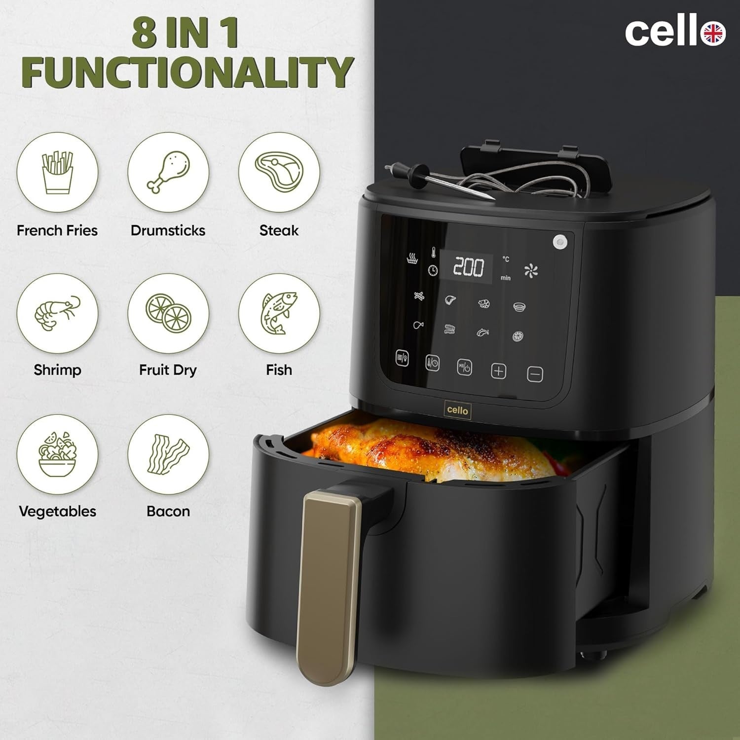 4L Digital Air Fryer 1400W | ProChef Thermometer | 8 Presets | Compact