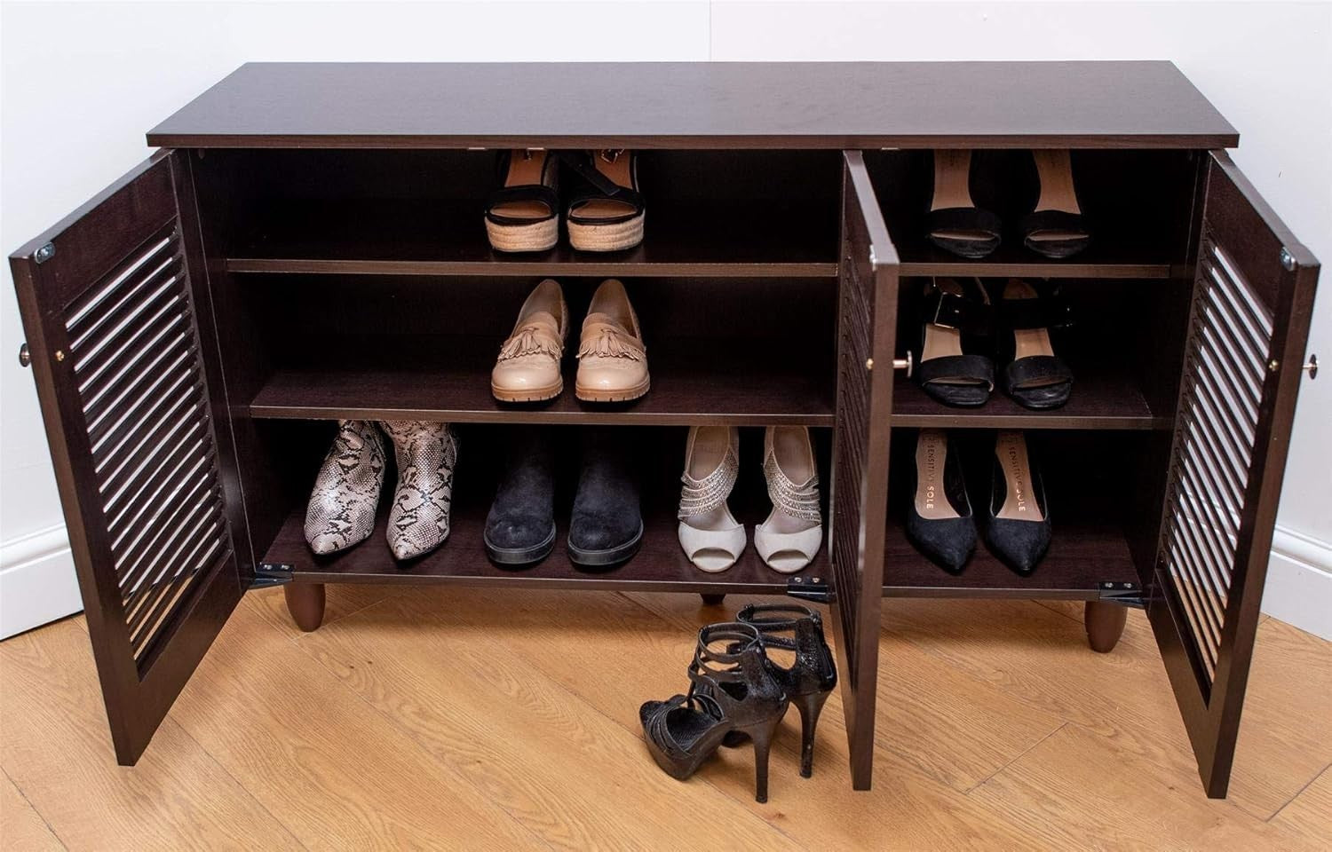 Modern 3 Door Shoe Cabinet Storage Unit | 15 Pair Rack Dark Wenge