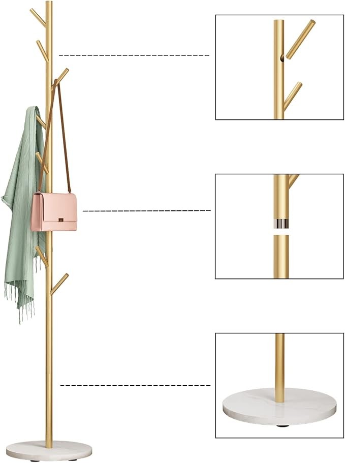 Gold Metal Coat Rack with Marble Base | Freestanding Hall Tree for Coats, Hats