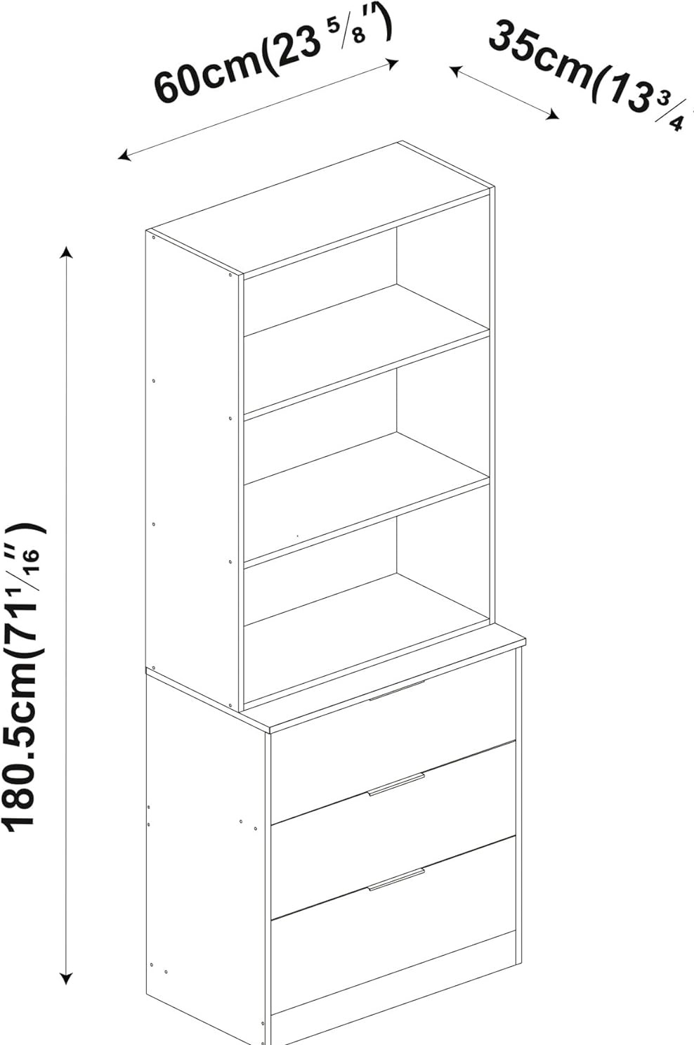 3 Drawer Grey Cabinet with White Bookcase Combo 60cm Wooden Storage Unit