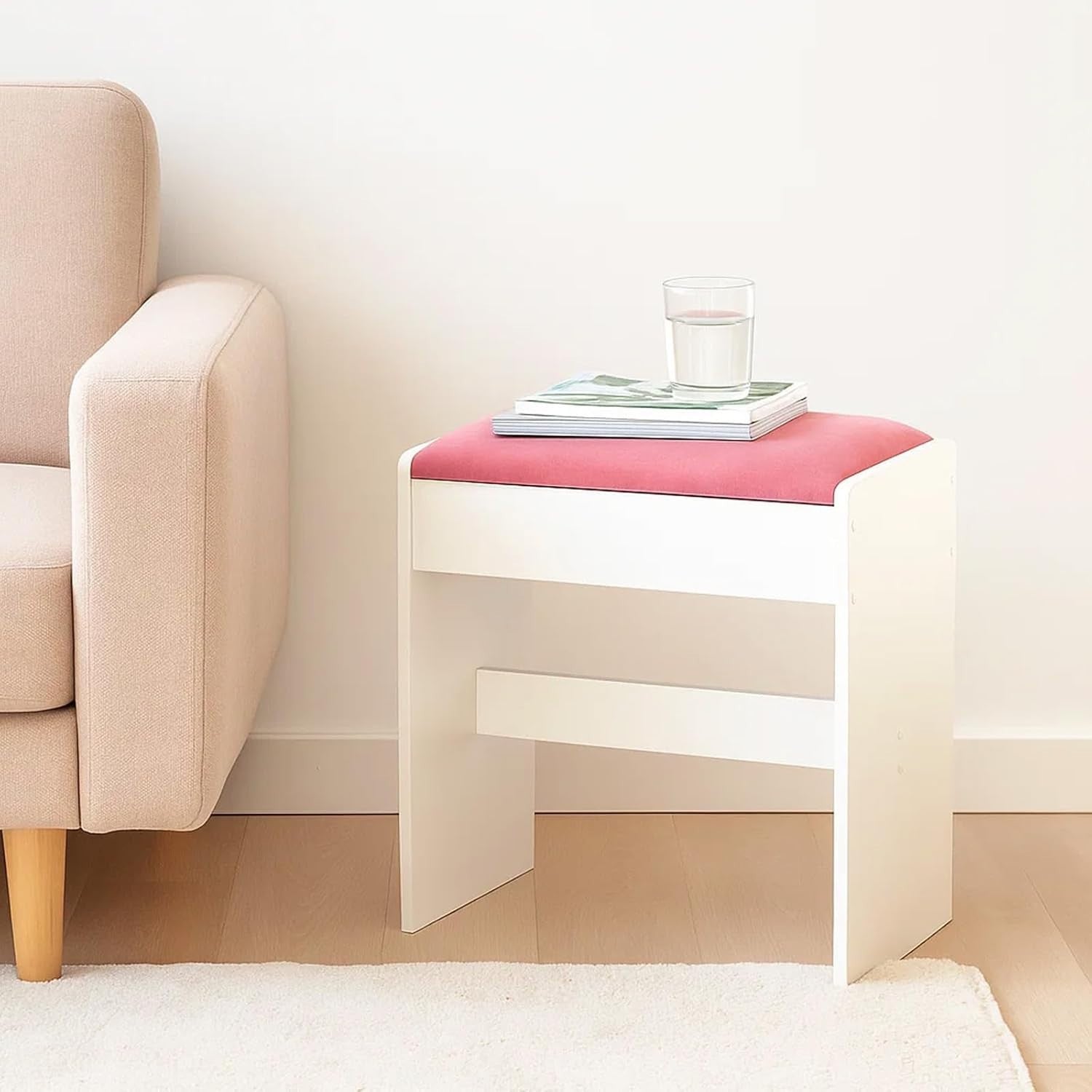 Pink Padded Vanity Stool – Simple PU Dressing Table Seat for Bedroom