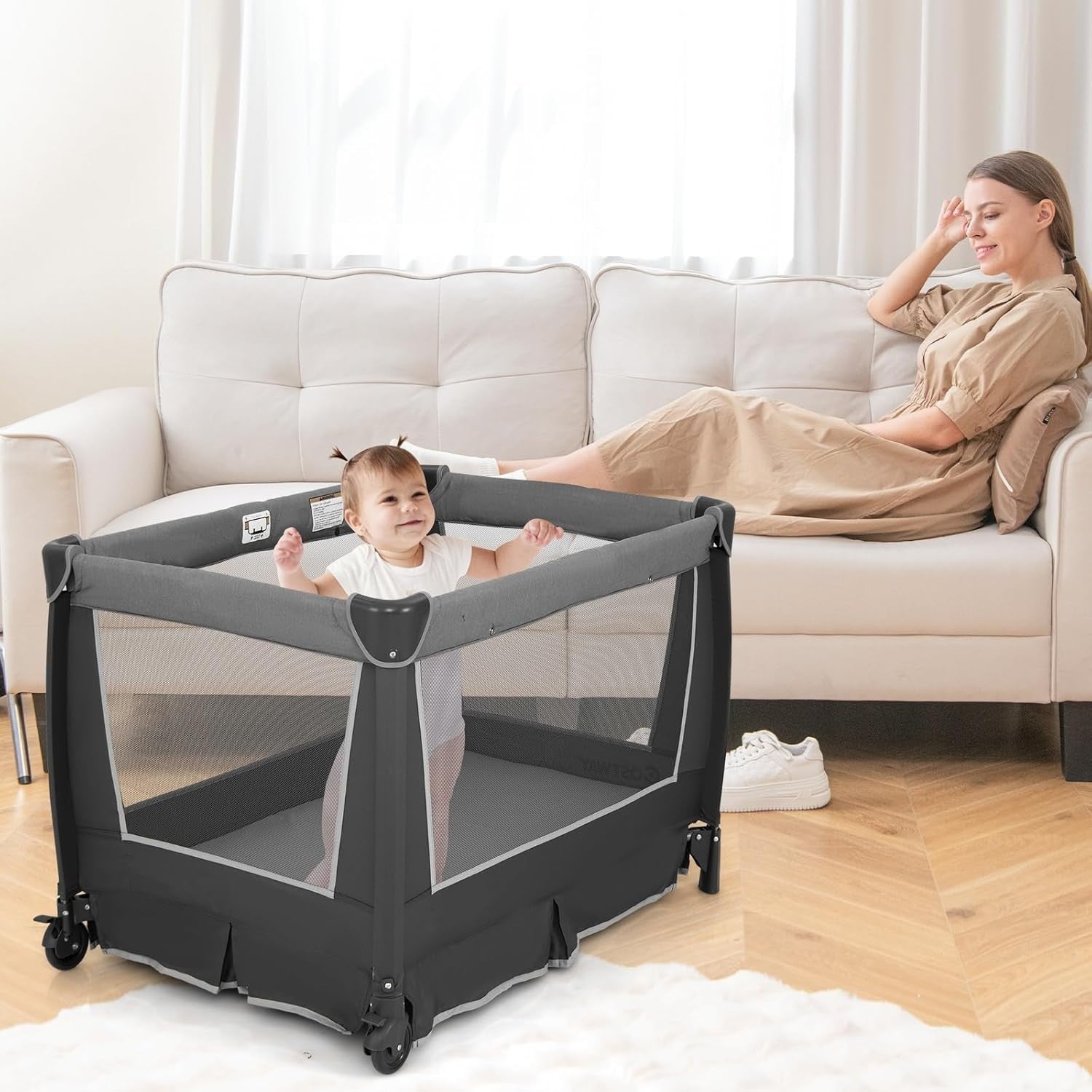 4in1 Baby Travel Cot with Bassinet Changing Table Playpen Wheels & Storage Grey