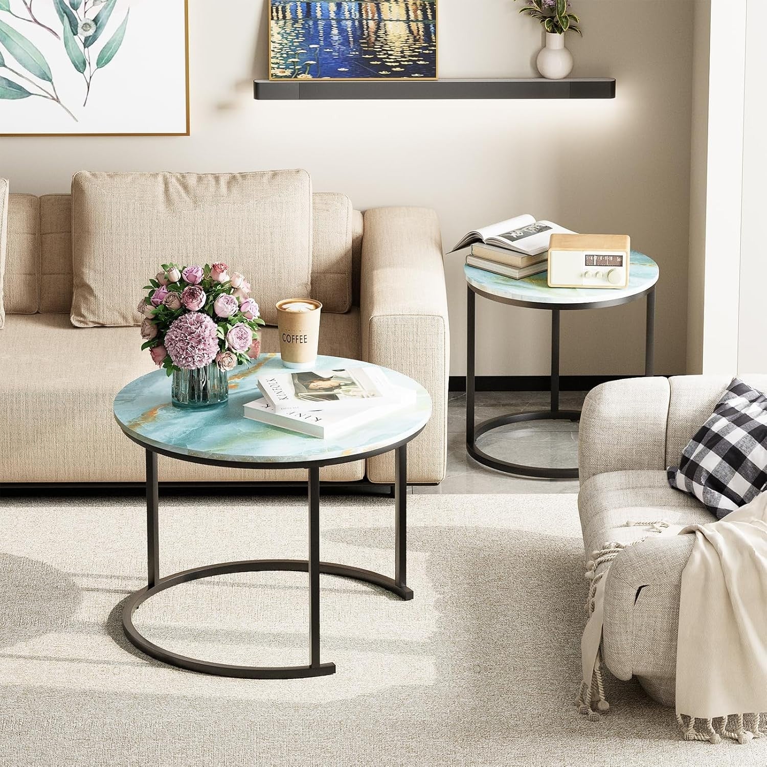 2-Piece Nesting Coffee Table Set, Blue Round Metal & MDF Living Room End Side Ta