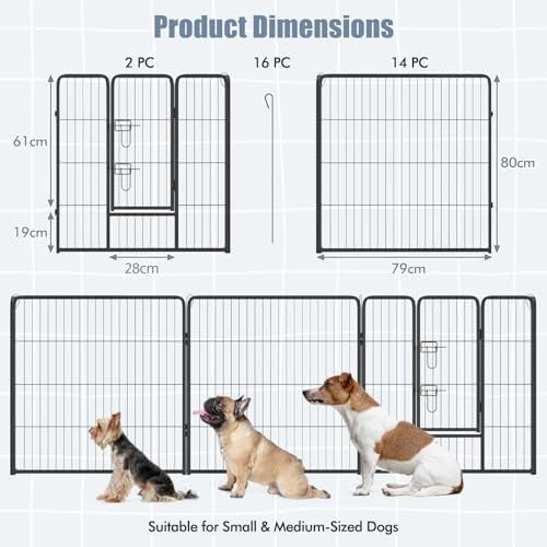 16 Panel Metal Dog Playpen Fence with Door, Indoor Outdoor Puppy Pen 80cm