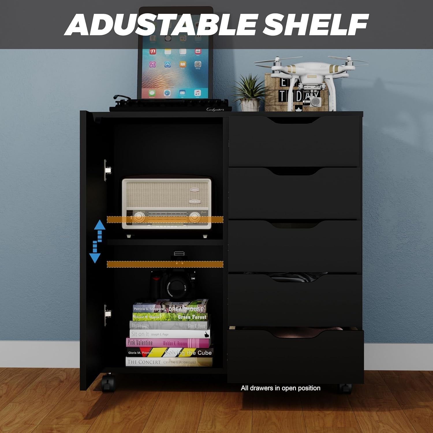 Black Mobile File Cabinet 5 Drawer Side Cupboard Rolling Storage