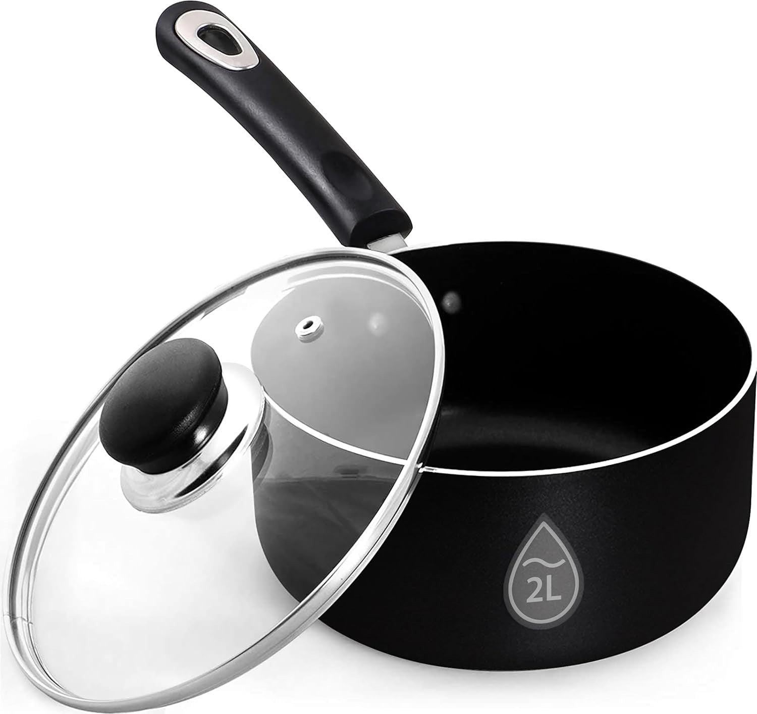 6Pcs Black Non-Stick 2L Saucepan Set with Glass Lids, Induction Compatible