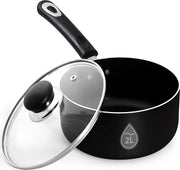 6Pcs Black Non-Stick 2L Saucepan Set with Glass Lids, Induction Compatible