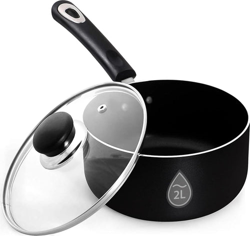 6Pcs Black Non-Stick 2L Saucepan Set with Glass Lids, Induction Compatible