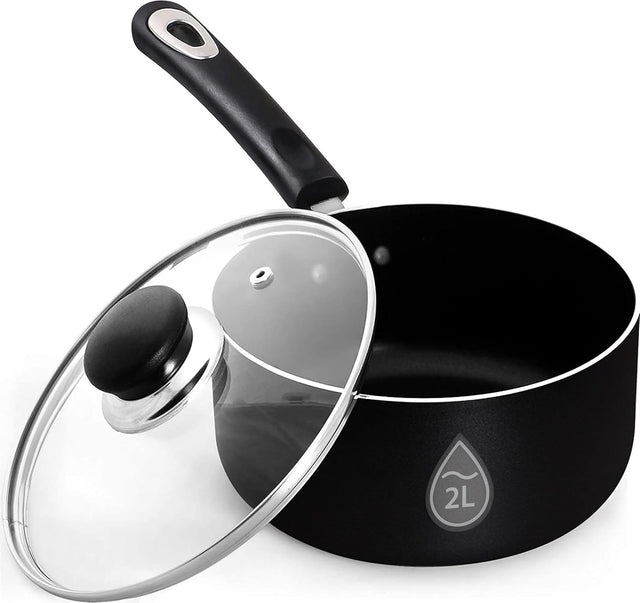 6Pcs Black Non-Stick 2L Saucepan Set with Glass Lids, Induction Compatible