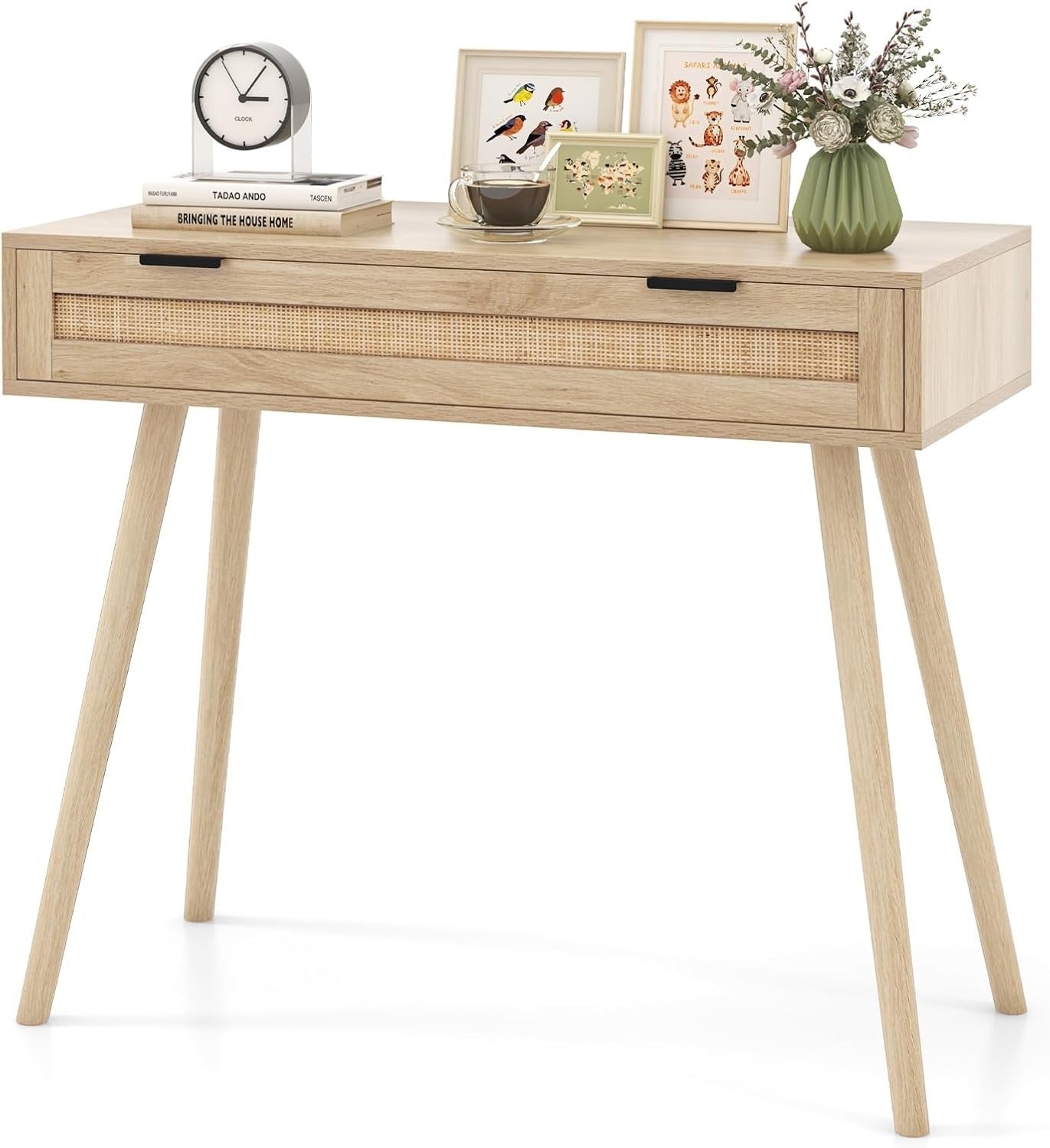 Slim Rattan Console Table with Drawer – Boho Hallway Desk 88x40x77cm
