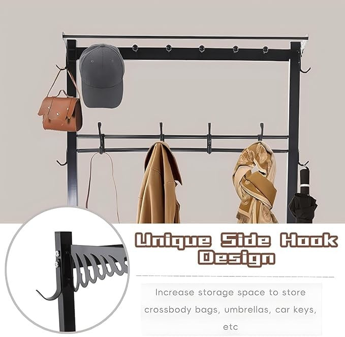 Metal Coat Rack with Shoe Bench & Hooks – 3-in-1 Entryway Storage Organizer 100c