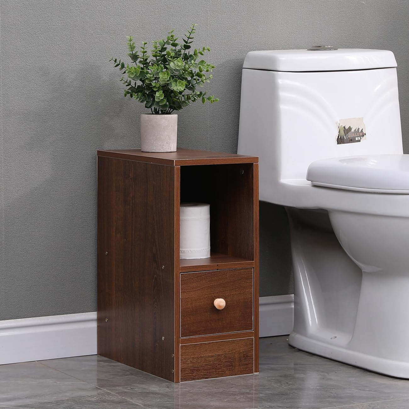 Dark Walnut Slim Storage Cabinet with Drawer – Modern Narrow Bedside Unit