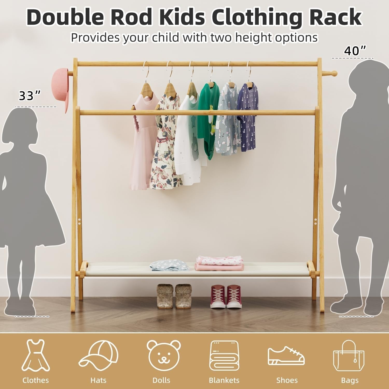 Large Bamboo Kids Clothing Rack Foldable Dress Up Rail with Shelf