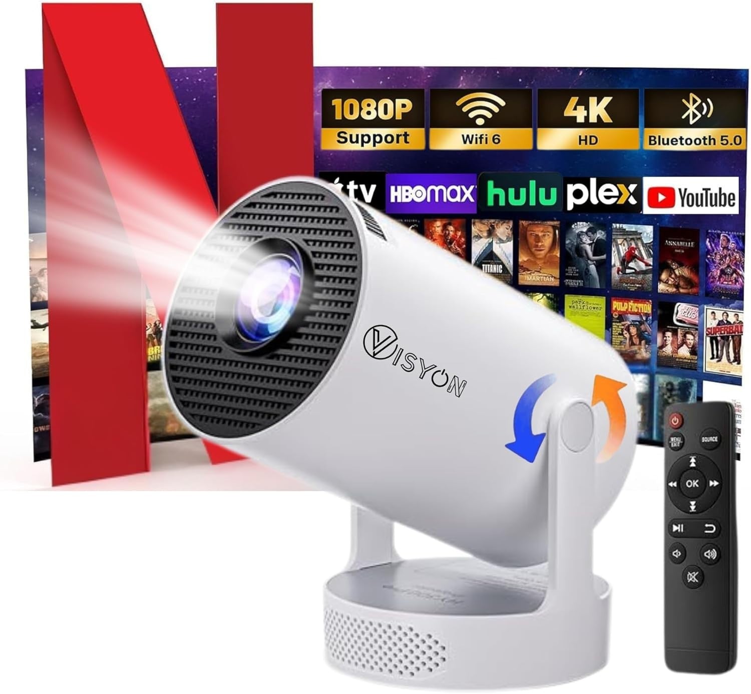 1080P Android WiFi Mini Projector 12000 Lumens 4K Support Portable