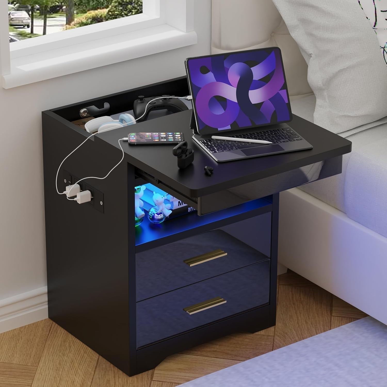 Modern LED Bedside Table with USB Charging, 2 Drawers + Shelf, Gloss Finish