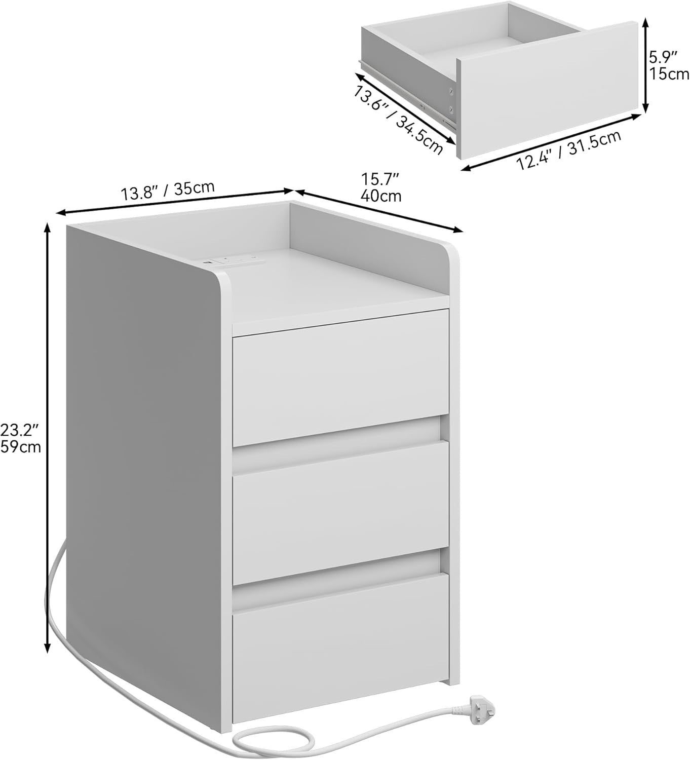 White 3 Drawer Bedside Table – Modern Minimalist Nightstand with USB Ports