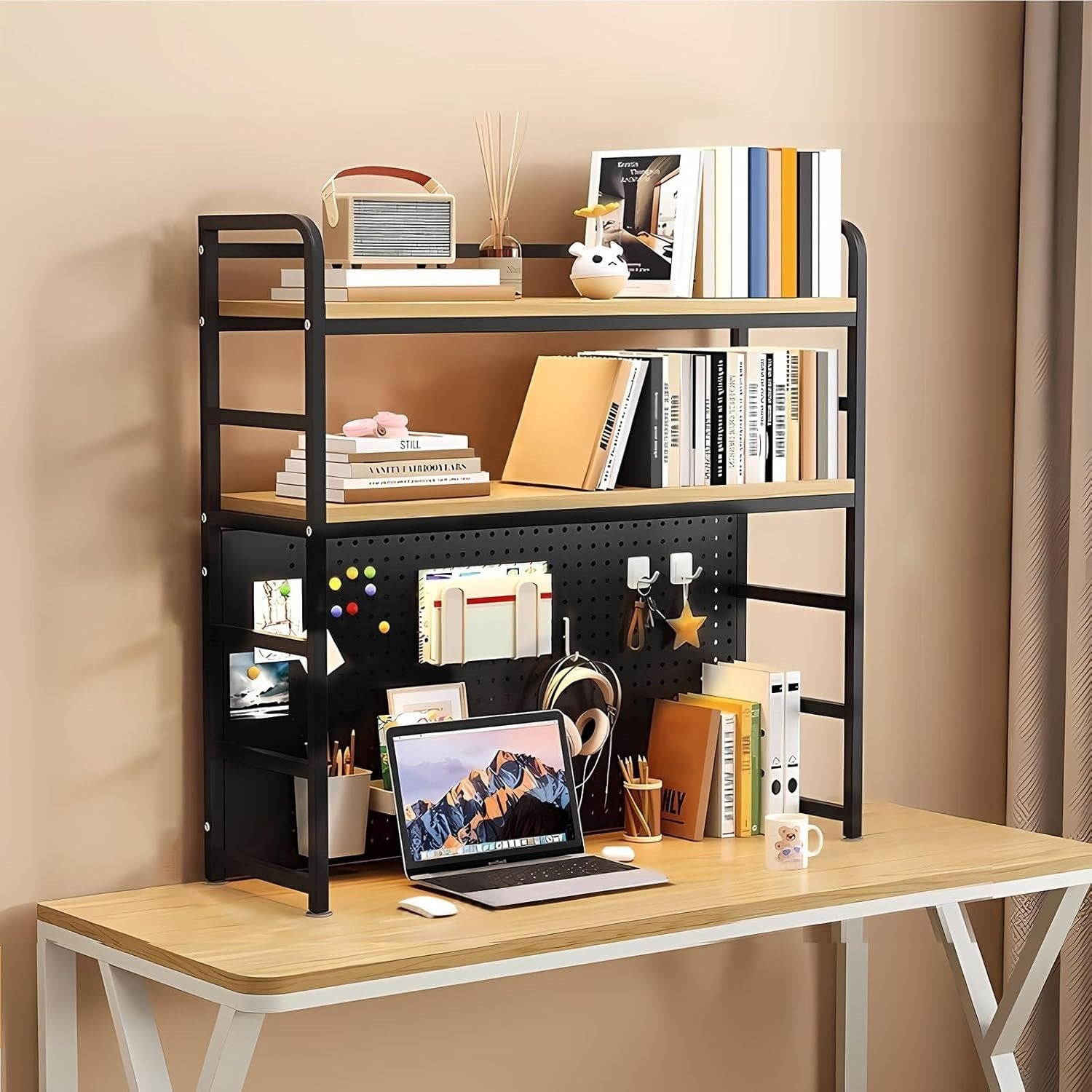 Desktop Hutch Shelf 2-Tier Metal/MDF Desk Organizer Bookcase Rack 70cm Black