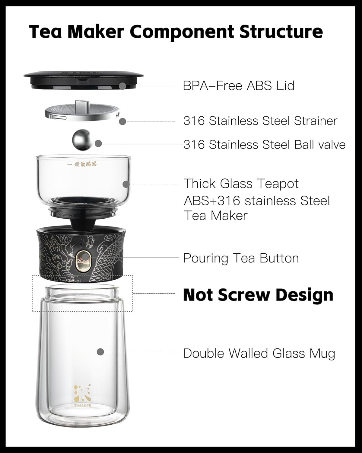 One Touch Tea Maker 270ml Glass Infuser Set with Cup & Carry Case