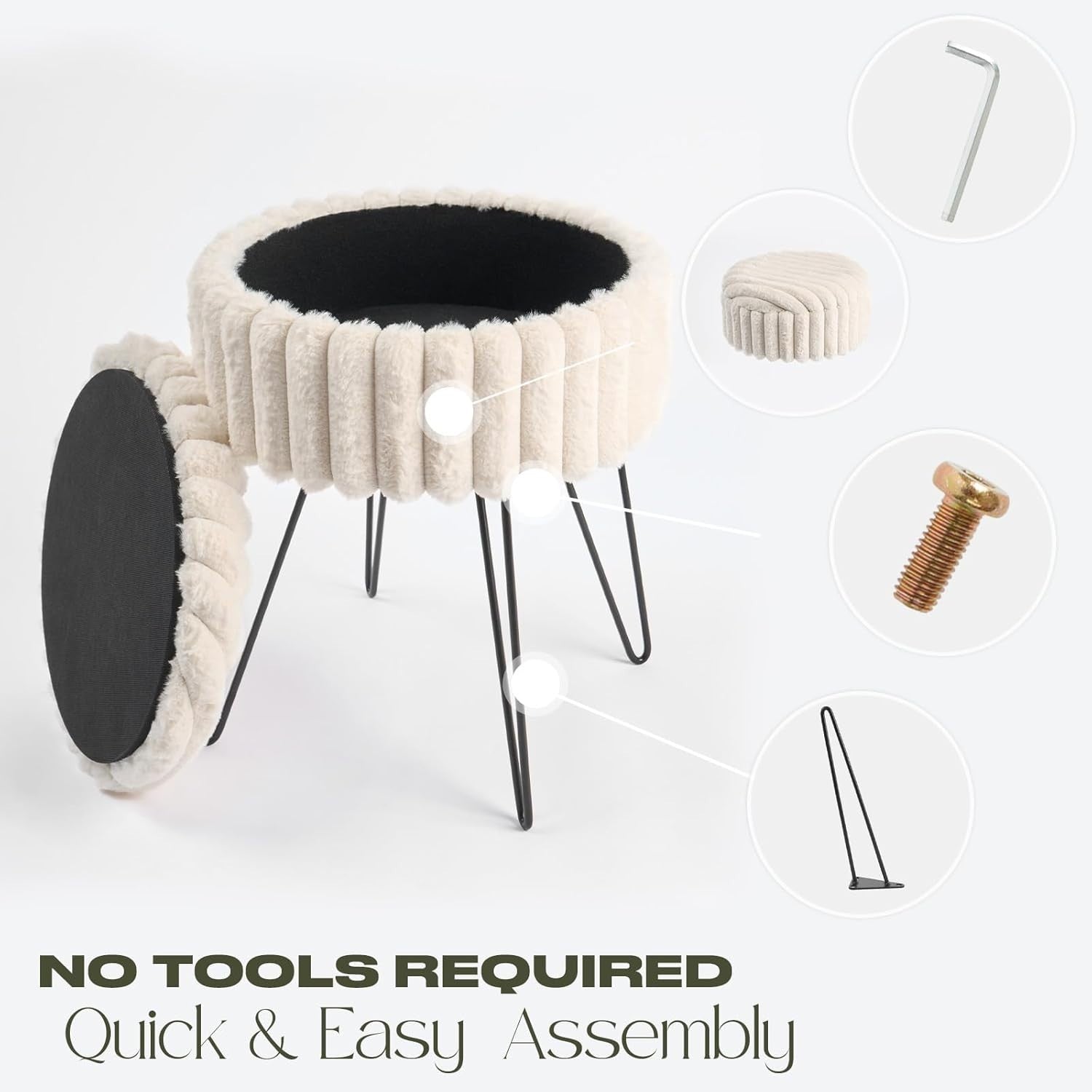 Cream Faux Fur Storage Stool Round Vanity Seat Hairpin Leg Ottoman