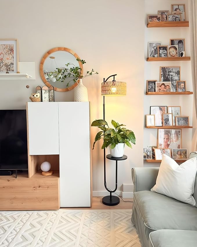 Floor Lamp with Shelf Rattan Standing Light Adjustable Height Boho Black